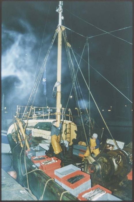 bateau de pêche au filet : Chalutier pêche latérale dit Manuel Joël, vue partielle