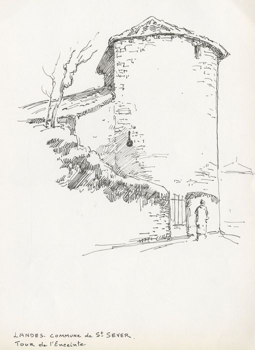 Vue partielle des vestiges, tour d’enceinte (dessin : encre sur papier)