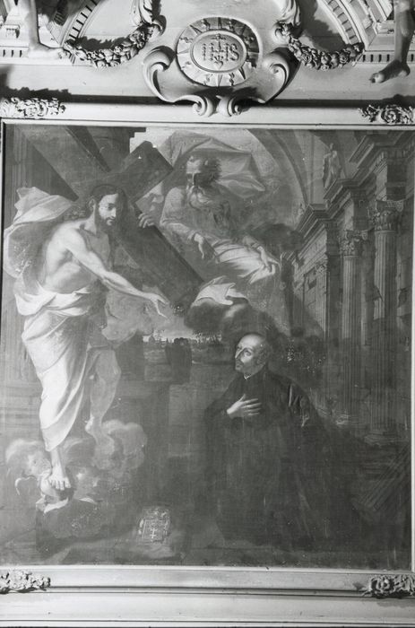 tableau : Dieu le père et le Christ portant la croix apparaissant à un saint