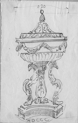 Dessin des fonts baptismaux à cuve sculptée de godrons, d'une guirlande de laurier et de feuilles d'acanthe, soutenue par un socle à têtes d'oiseaux, bois sculpté, doré