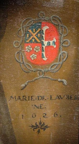 tableau : la Lactation de saint Bernard, détail des armoiries de la donatrice et de la date - © Ministère de la Culture (France), Médiathèque du patrimoine et de la photographie (objets mobiliers), tous droits réservés