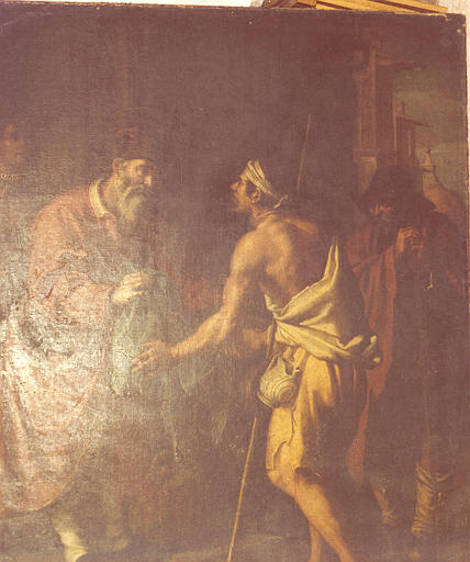 tableau : saint Hommebon donnant des habits aux pauvres