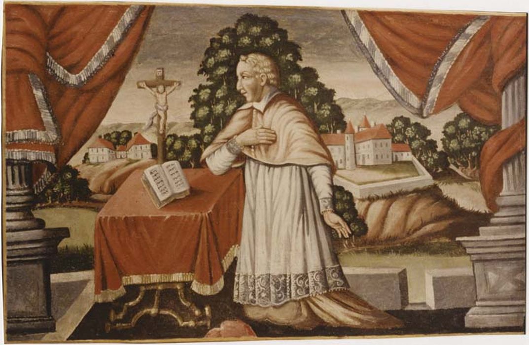 Antependium : Jacques Mauclerc, curé de Beaumont, en prière (après restauration)