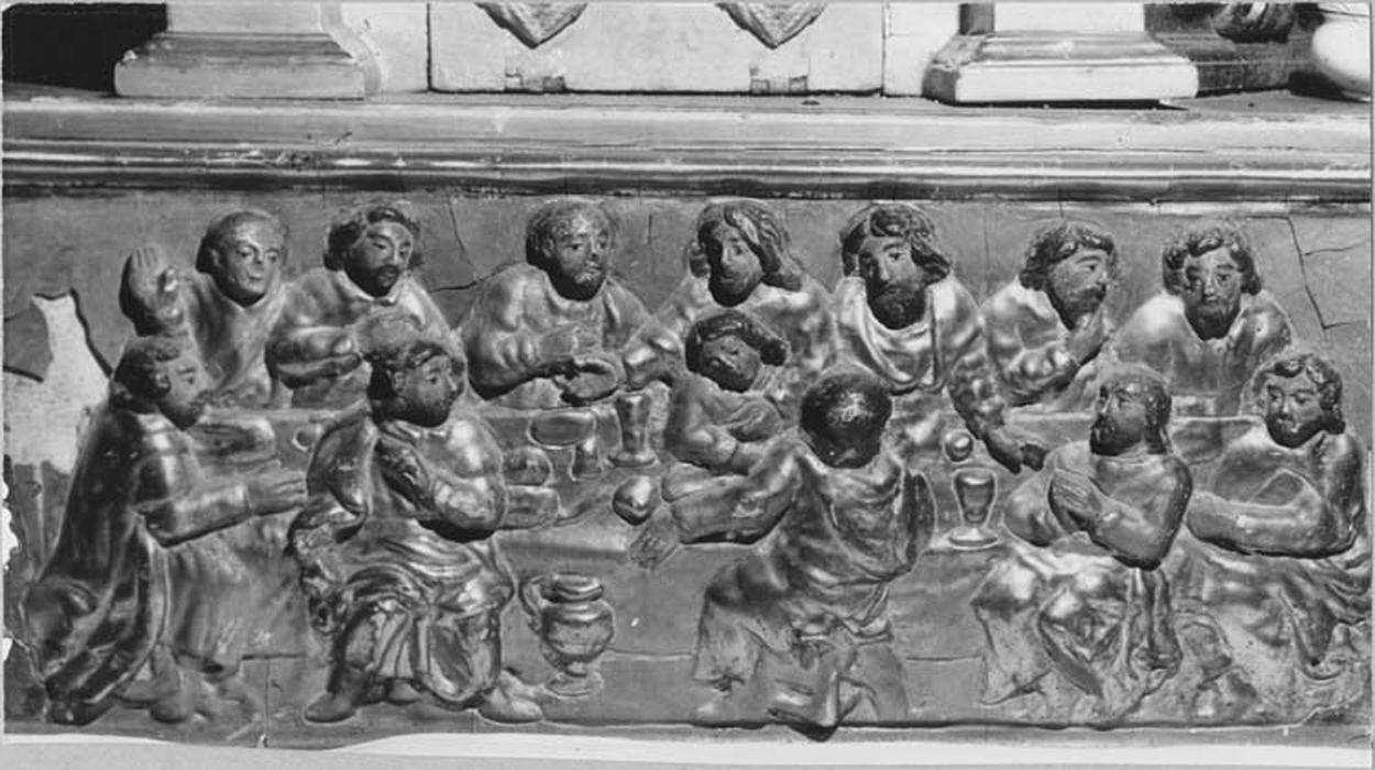 ensemble de l'autel de la chapelle nord (autel, gradin, tabernacle, retable, 2 statues), Cène