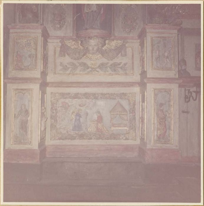 ensemble du maître-autel (autel, tabernacle, retable, tableau, croix, 2 statues)