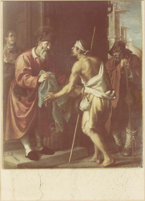 tableau : saint Hommebon donnant des habits aux pauvres