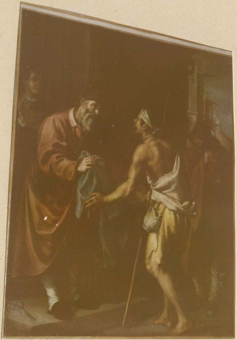 tableau : saint Hommebon donnant des habits aux pauvres