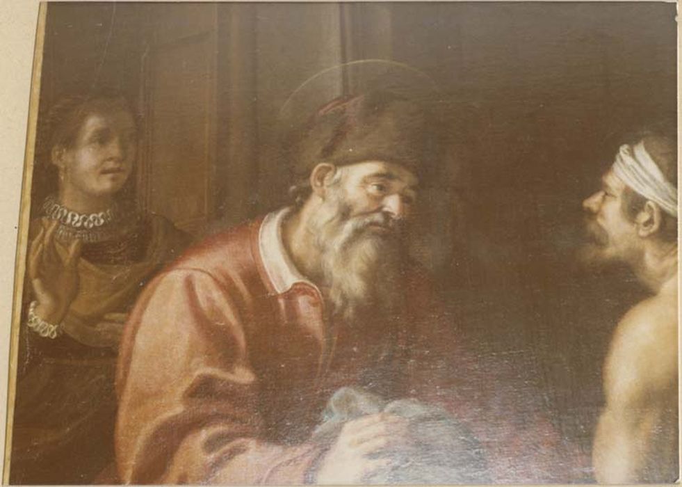 tableau : saint Hommebon donnant des habits aux pauvres