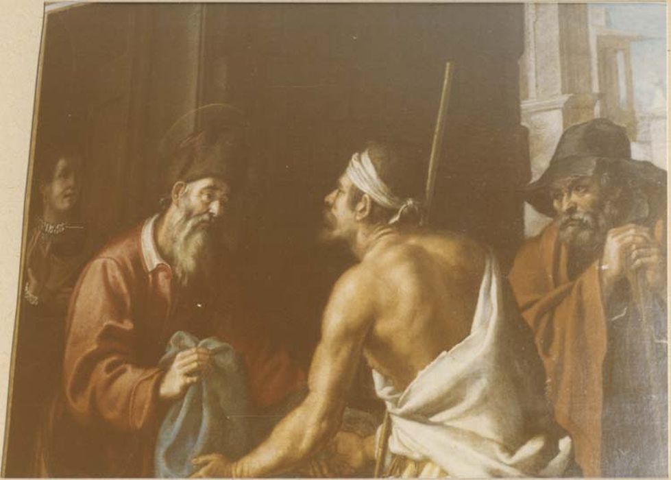 tableau : saint Hommebon donnant des habits aux pauvres