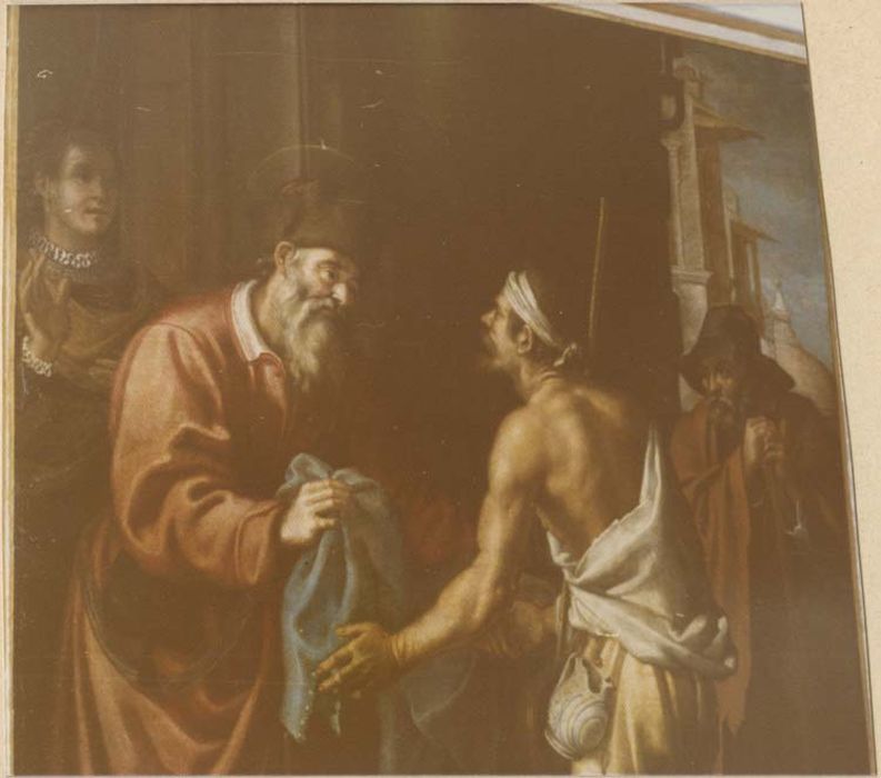 tableau : saint Hommebon donnant des habits aux pauvres