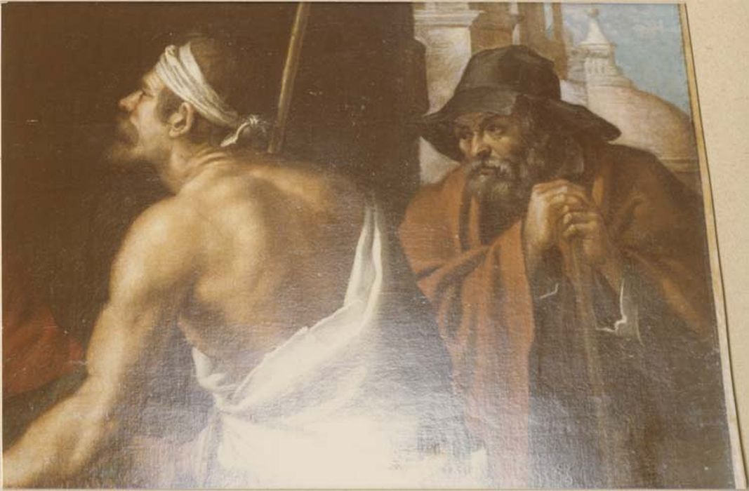 tableau : saint Hommebon donnant des habits aux pauvres