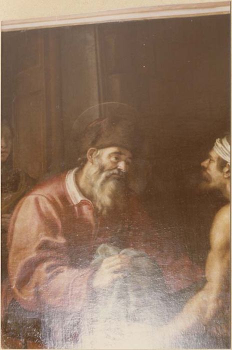 tableau : saint Hommebon donnant des habits aux pauvres