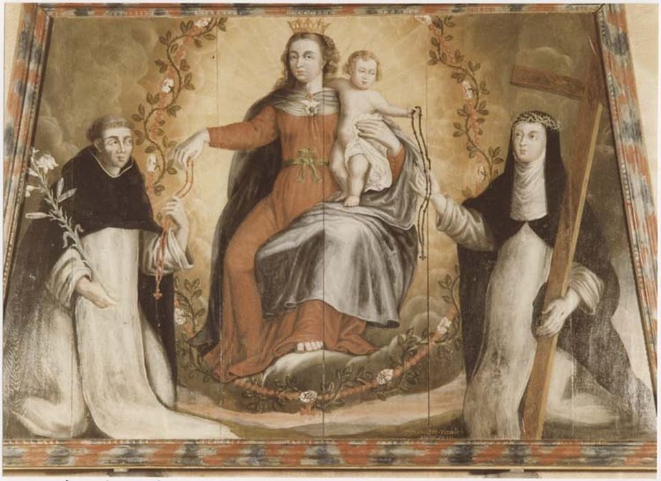 Tableau, cadre : la Remise du rosaire à saint Dominique et à sainte Catherine de Sienne