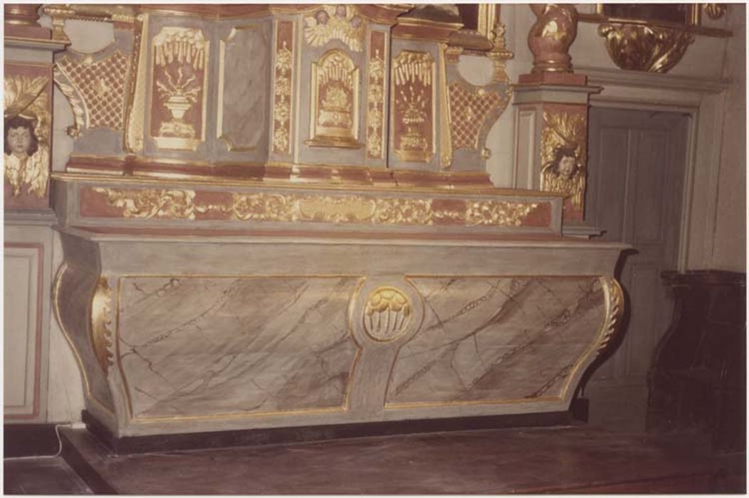 ensemble du maître-autel (autel, gradin, tabernacle, exposition, 2 statues, retable)