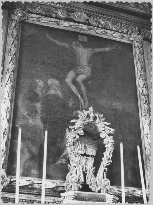 autel, gradin, tabernacle, exposition, retable, tableau : Calvaire, 2 statues : saint Christophe, saint Jacques le Majeur