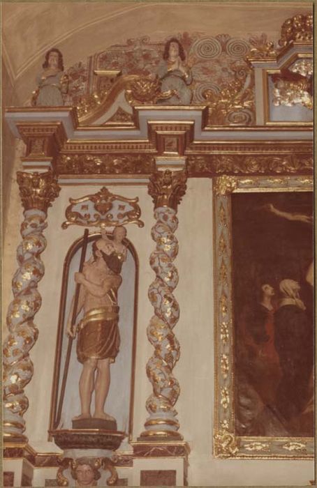 autel, gradin, tabernacle, exposition, retable, tableau : Calvaire, 2 statues : saint Christophe, saint Jacques le Majeur