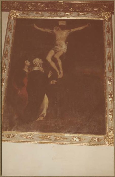 autel, gradin, tabernacle, exposition, retable, tableau : Calvaire, 2 statues : saint Christophe, saint Jacques le Majeur