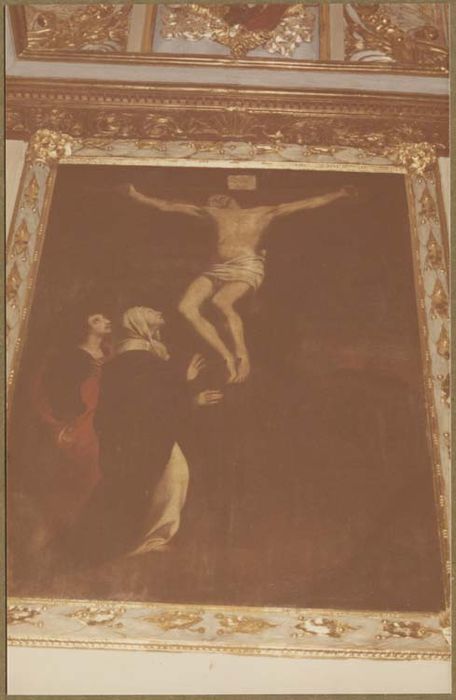 autel, gradin, tabernacle, exposition, retable, tableau : Calvaire, 2 statues : saint Christophe, saint Jacques le Majeur