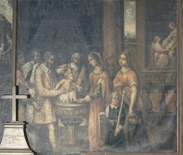 tableau de la Vie de sainte Reine : Charité et Fuite de sainte Reine de la Vie de sainte Reine : Baptême et Education de sainte Reine