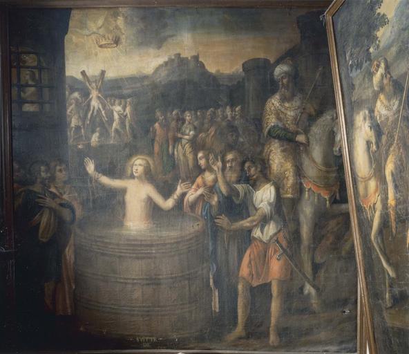 tableau de la Vie de sainte Reine : Charité et Fuite de sainte Reine de la Vie de sainte Reine : Martyre de sainte Reine (bassine)