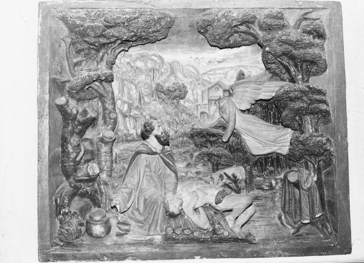 bas-relief : Le Sacrifice d'Abraham, pierre polychrome