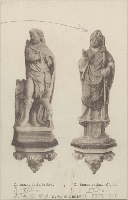 groupe sculpté : saint Roch, vue générale ; statue : saint Claude, vue générale