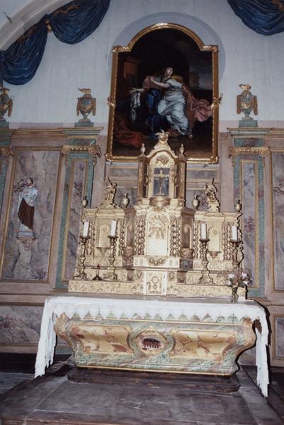 lambris de revêtement formant retable architecturé, tableau et son cadre : sainte Madeleine repentante renonce à toutes les vanités de la vie, vue générale