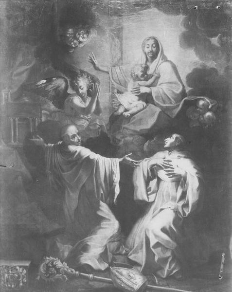 Tableau : saint Bernard contemplant la Vierge, ou Saint Bernard et saint Etienne Harding aux pieds de la Vierge