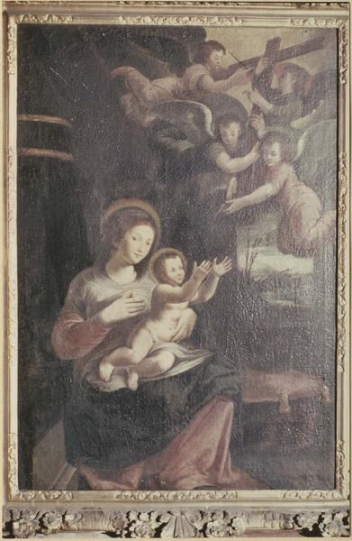 Tableau et cadre : la Croix présentée par les anges à l'Enfant Jésus