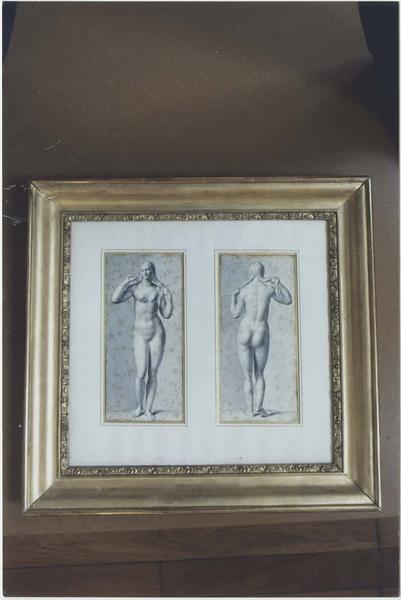 2 dessins réunis dans un cadre : Vénus , statue antique de femme, trouvée à Pontailler-sur-Saône