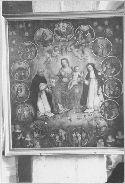 tableau : la Donation du rosaire à saint Dominique et à sainte Catherine de Sienne, avec les quinze mystères, vue générale