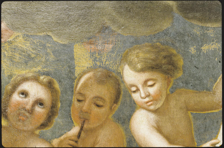 Tableau : 'La mort de saint Martin', trois enfants (en haut, à droite) ; avant restauration (détail)