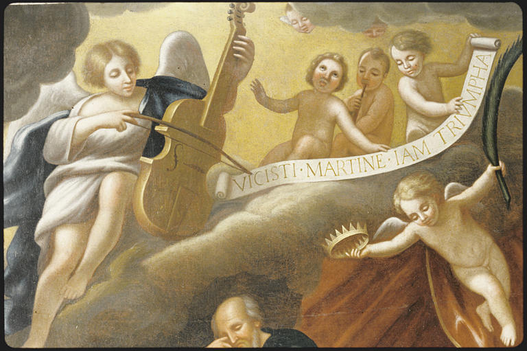 Tableau : 'La mort de saint Martin', trois enfants, ange jouant de la viole, phylactère, angelot tenant une couronne (en haut, à droite) ; après restauration (détail)