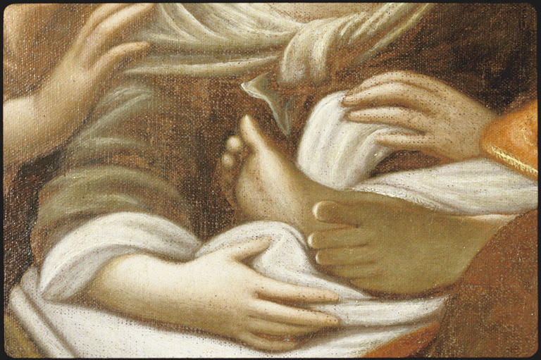 Tableau : 'La mort de saint Martin', pieds, mains ; après restauration (détail)