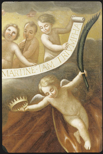 Tableau : 'La mort de saint Martin', trois enfants, ange tenant palme et couronne ; après restauration (détail)