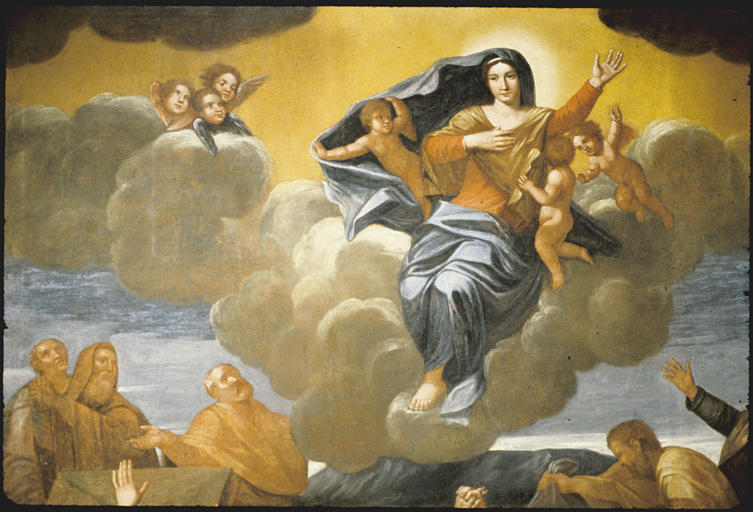 Tableau : 'L'Assomption de la Vierge', nuées, angelots, chérubins, Vierge (moitié supérieure gauche) ; après restauration (détail)