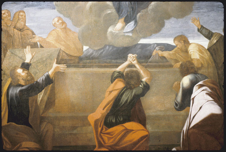 Tableau : 'L'Assomption de la Vierge', tombeau ouvert, apôtres (moitié inférieure gauche) ; après restauration (détail)