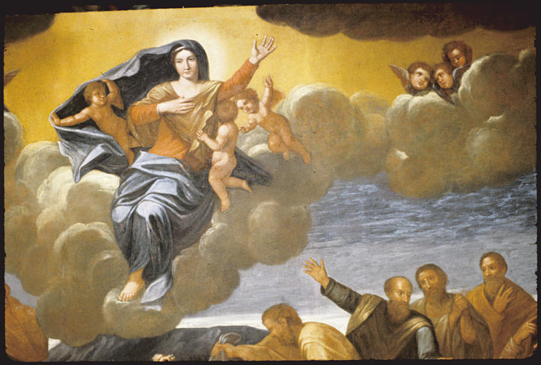 Tableau : 'L'Assomption de la Vierge', nuées, angelots, chérubins, Vierge, apôtres (moitié supérieure droite) ; après restauration (détail)