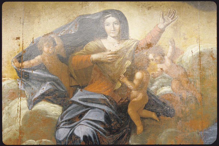 Tableau : 'L'Assomption de la Vierge', angelots, la Vierge ; avant restauration (détail)