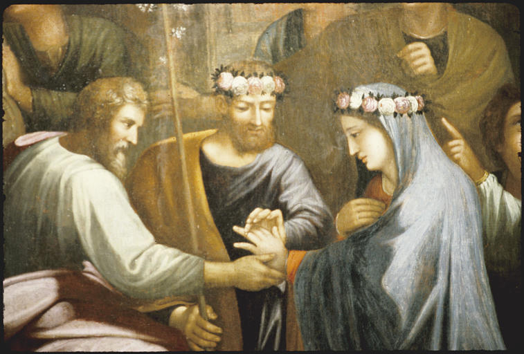 Tableau : 'Le mariage de la Vierge', Joseph, la Vierge, le prêtre ; après restauration (détail)
