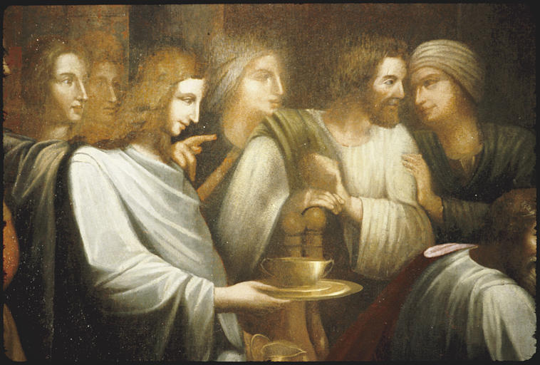Tableau : 'Le mariage de la Vierge', personnages (à gauche) ; après restauration (détail)