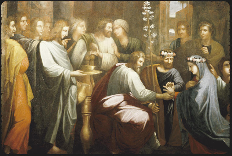 Tableau : 'Le mariage de la Vierge', prêtre, Marie, Joseph, personnages (moitié inférieure gauche) ; après restauration (détail)