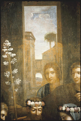 Tableau : 'Le mariage de la Vierge', ouverture sur l'extérieure, rameau fleuri, têtes de personnages (moitié supérieure, centre) ; après restauration