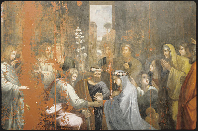 Tableau (centre) : 'Le mariage de la Vierge' ; avant restauration (vue rapprochée)