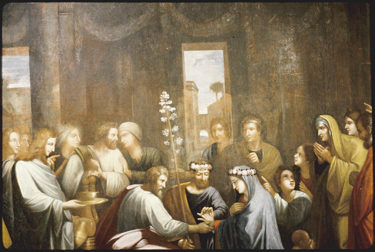 Tableau (partie supérieure, centre) : 'Le mariage de la Vierge' ; après restauration (détail)
