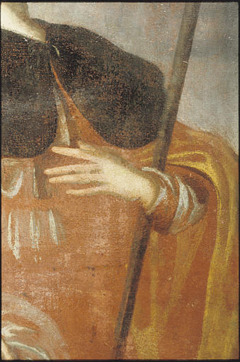 Triptyque, tableau d'autel : 'Saint Roch', torse, main gauche ; après restauration (détail)