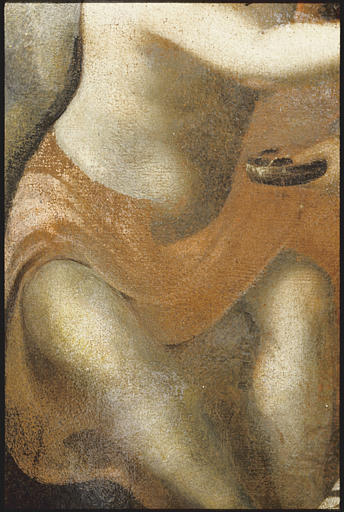 Triptyque, tableau d'autel : 'Saint Roch', ange, torse, jambes, drapé ; après restauration (détail)