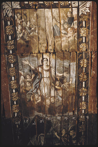 Chapelle, choeur, voûte ; peinture monumentale : 'L'Assomption de la Vierge', angelots, bois peint ; 1705 (détail)