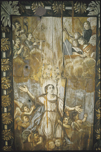 Chapelle, choeur, voûte ; peinture monumentale : 'L'Assomption de la Vierge', angelots, bois peint ; 1705 (détail)