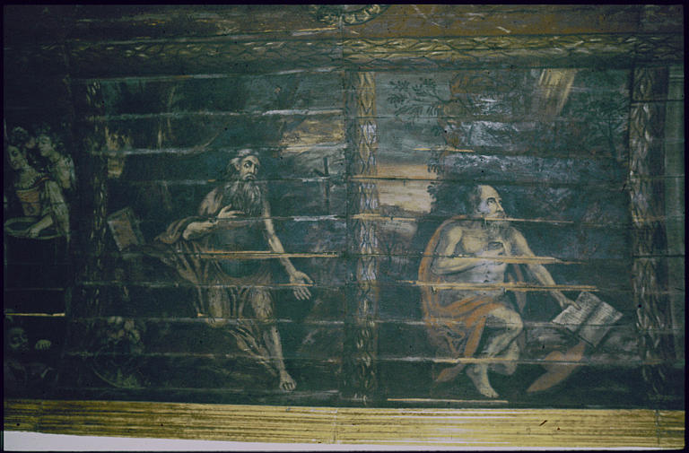 Chapelle, choeur, voûte ; peinture monumentale : saint Jérôme ermite, un saint ermite, paysage, bois peint ; 1705 (détail)